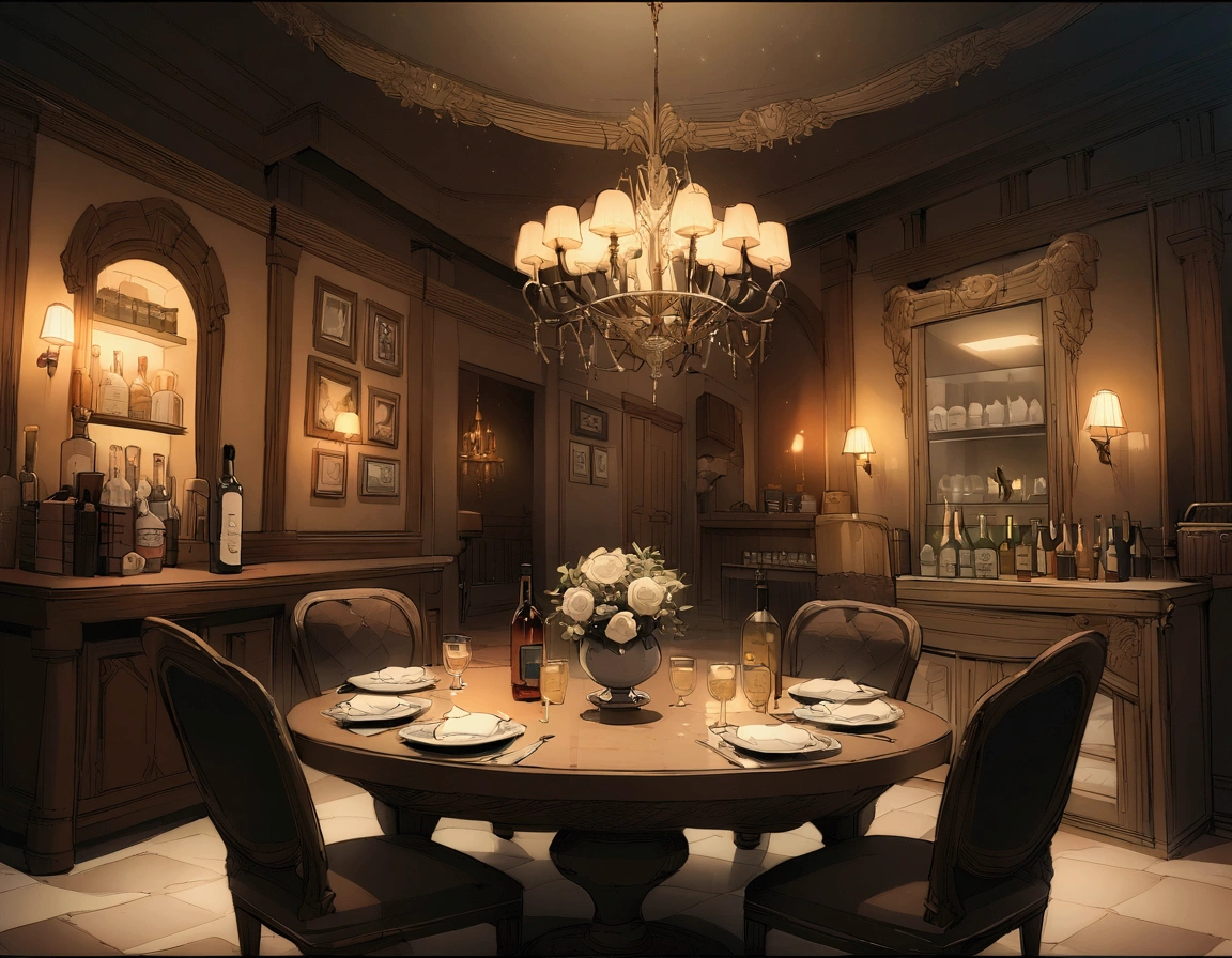 ((((masterpiece, Highest quality, High resolution)))),High detail, manga，anime，Illustration Style，Dark and calm colors，Ghibli Studio，Luxurious evening atmosphere, Game fantasy world view,Bakery in the RPG world, Extremely detailed 8K, High detail, pub,Table at the liquor store,There are no people around,background,トlampのカードが置かれたテーブル,lamp,Wine and beer,A stylish world,The enchanting world of night,lampは少なく辺りは暗い,In the center of the screen is a large table,A luxurious, high-ceilinged, spacious dining room-like space,chandelier,A very dark room at night,There is only a little light,,