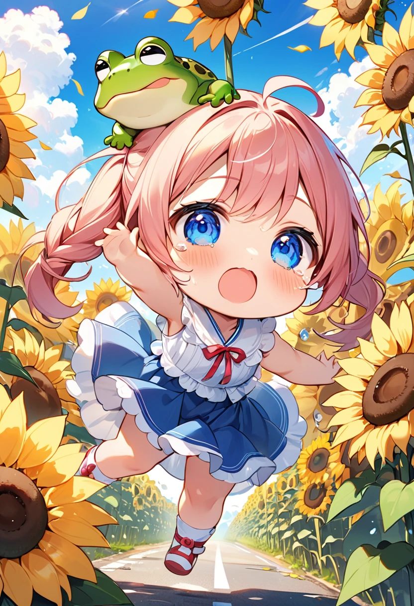 Highest quality、High resolution、Detailed Background、Beautiful face in every detail、Anatomically correct、Detailed facial expressions、fine grain、((full body, from below:1.8, side shot)), break　((One Girl:1.2)、(Chibi Girl:1.2))、Cute hair color、Big beautiful blue eyes、Fuller lips、Pink Lips、Braided twin tails、Ahoge、(Falling in a sunflower field:1.2)、(Cute sleeveless summer clothes、Long skirt、Cute sneakers)、break　((Lying face down on the road:1.2、Raise your arms))、holding a frog in hand)、(Crying face、Open your mouth wide、Big tears in my eyes:1.2)、Sweat、break　(The background is the summer sky、Summer Clouds、Flower storm、((Big Frog:1.2)))