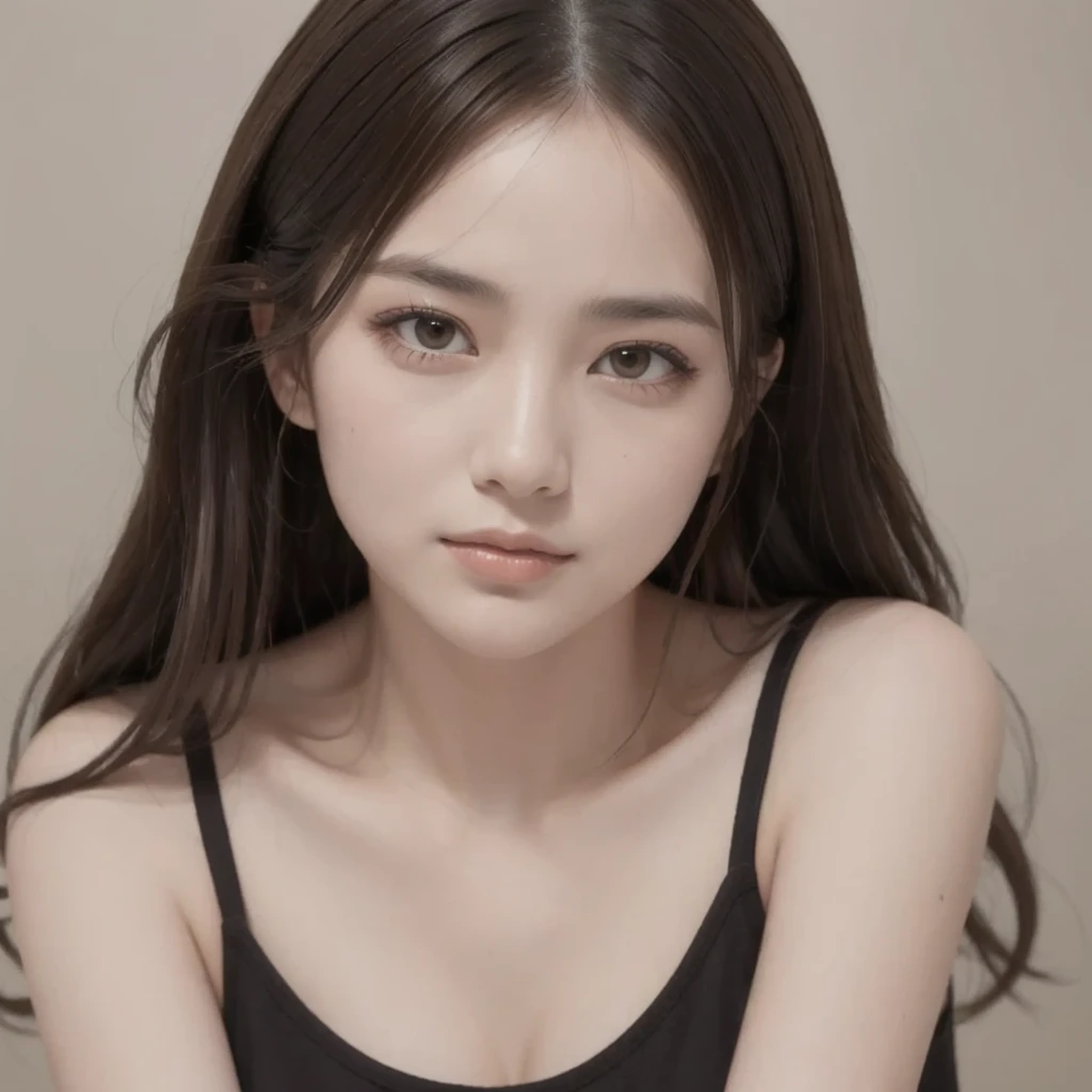 ((Highest quality, 8k, masterpiece: 1.3)), whole body, Clear focus: 1.2, Great style: 1.4, Slim Abs: 1.2, ((Brown Hair, big: 1.2)), Black tank top, Highly detailed face and skin texture, fine grain, double eyelid, One beautiful woman