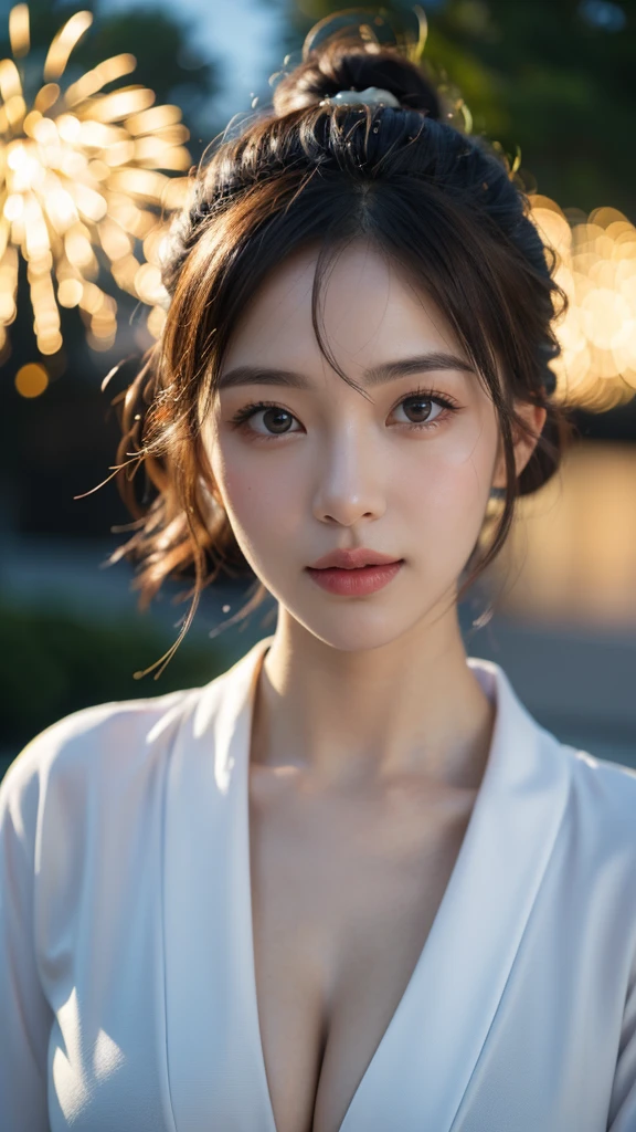 night, RAW Photos, (((Very beautiful portrait))), (Very beautiful portrait))), 1 girl, sexy 25 year old girl, ((Natural brown updo)), [Brown eyes],A gentle smile looking at the camera(Cleavage), ((masterpiece, 最high quality, Super detailed, Cinema Lighting, Intricate details, High resolution, 8k, Very detailed)), Detailed Background, 8k UHD, Digital SLR, Soft lighting, high quality, Film Grain, Fujifilm XT3, Shallow depth of field, Natural light, Perfect Face、firework、yukata