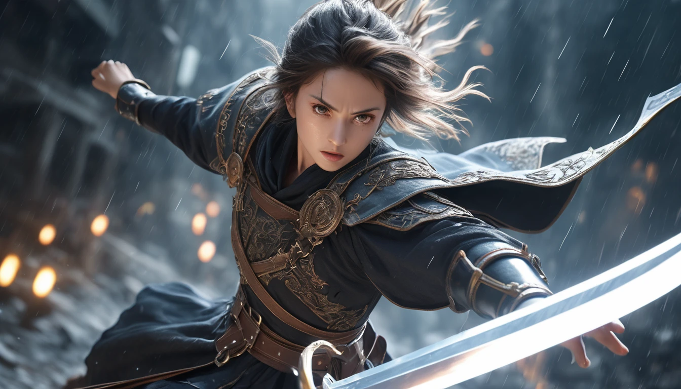 Realistic photos, RAW Photos, the sword saint, shining sword, attacks viewer, Powerful movements, jump on prey, ((Dynamic jump)), 
sword saint approaching from above, sudden approach, Bad-tempered, dynamic Shot from grand, lightning magic,High resolution, masterpiece, Highest quality, Intricate details, Very detailed, Clear focus,texture, Delicate eyes, Professional, 4K,Shallow and deep, Kodak Vision Color, Exactly, Very detailed, photograph_\(Extremist\), photographpractical, practical, Post-processing, Maximum details, Roughness, Real Life, Extremist practical, Photorealism, photographgraphy, 8K Ultra HD, photographgraphy