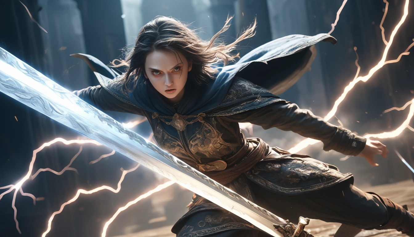 Realistic photos, RAW Photos, the sword saint, shining sword, attacks viewer, Powerful movements, jump on prey, ((Dynamic jump)), 
sword saint approaching from above, sudden approach, Bad-tempered, dynamic Shot from grand, lightning magic,High resolution, masterpiece, Highest quality, Intricate details, Very detailed, Clear focus,texture, Delicate eyes, Professional, 4K,Shallow and deep, Kodak Vision Color, Exactly, Very detailed, photograph_\(Extremist\), photographpractical, practical, Post-processing, Maximum details, Roughness, Real Life, Extremist practical, Photorealism, photographgraphy, 8K Ultra HD, photographgraphy