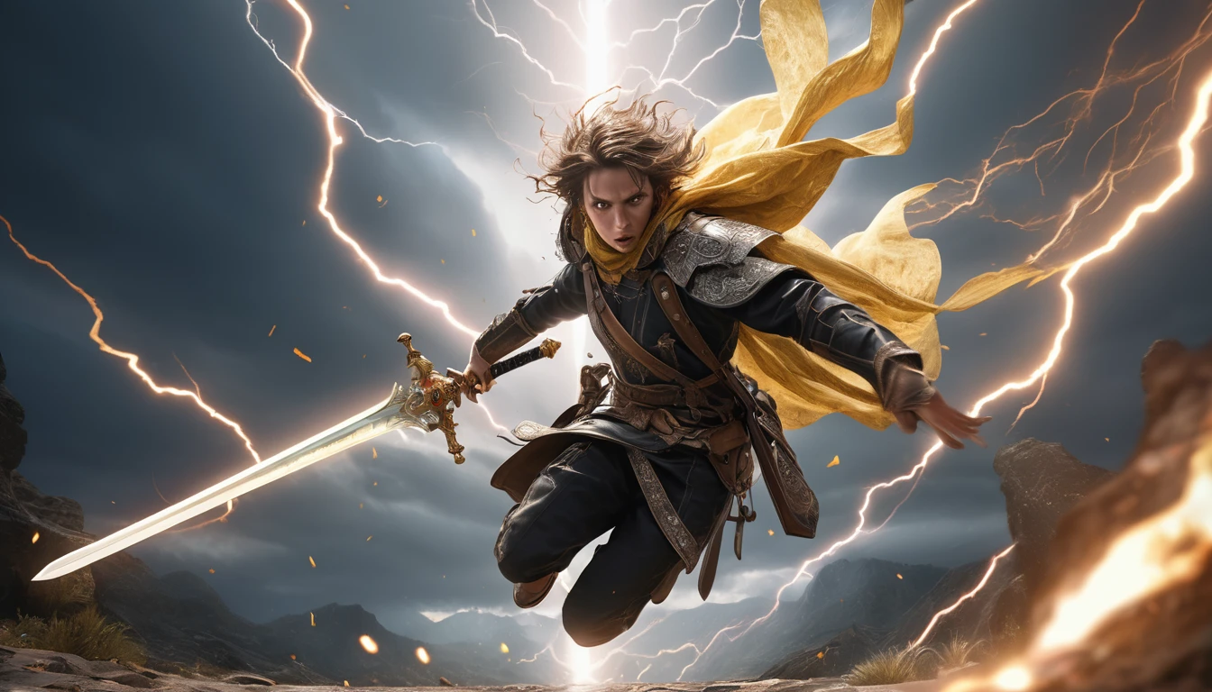 Realistic photos, RAW Photos, the sword saint, shining sword, attacks viewer, Powerful movements, jump on prey, ((Dynamic jump)), 
sword saint approaching from above, sudden approach, Bad-tempered, dynamic Shot from grand, lightning magic,High resolution, masterpiece, Highest quality, Intricate details, Very detailed, Clear focus,texture, Delicate eyes, Professional, 4K,Shallow and deep, Kodak Vision Color, Exactly, Very detailed, photograph_\(Extremist\), photographpractical, practical, Post-processing, Maximum details, Roughness, Real Life, Extremist practical, Photorealism, photographgraphy, 8K Ultra HD, photographgraphy
