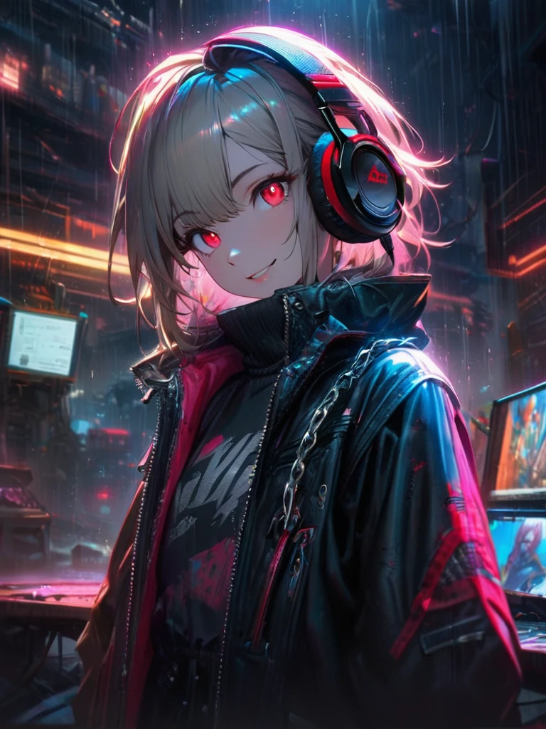 1 girl, chromatic aberration, Written boundary depth, Soft Light, masterpiece, Highest quality, complicated, Tone Mapping, Very detailed, Art Station, Concept Art, Smooth, Clear focus, Dramatic lighting, Very detailed artwork, movie, super practical painting, Art Station's trending, 8k, Incredible Shadows, practical, (Very detailed background:1.0), whole body, View, Viewers, Very detailed portrait of one girl 1, standing on street corner, Heavy rain and lightning、Dark Sky, neon and cyber punk background, she is dressed in punk clothing with silver chains and silver spikes, Her hair was dyed light brown.......,The middle part is black, She is wearing headphones, Detailed red eyes with clear pupils, Ominous aura of light, smile, punk, Cyber Rock, Backlight.Fashionable clothes、No knowledge of horses'tail、Dress code: Denim Outfit,Her hair is tied up cutely.