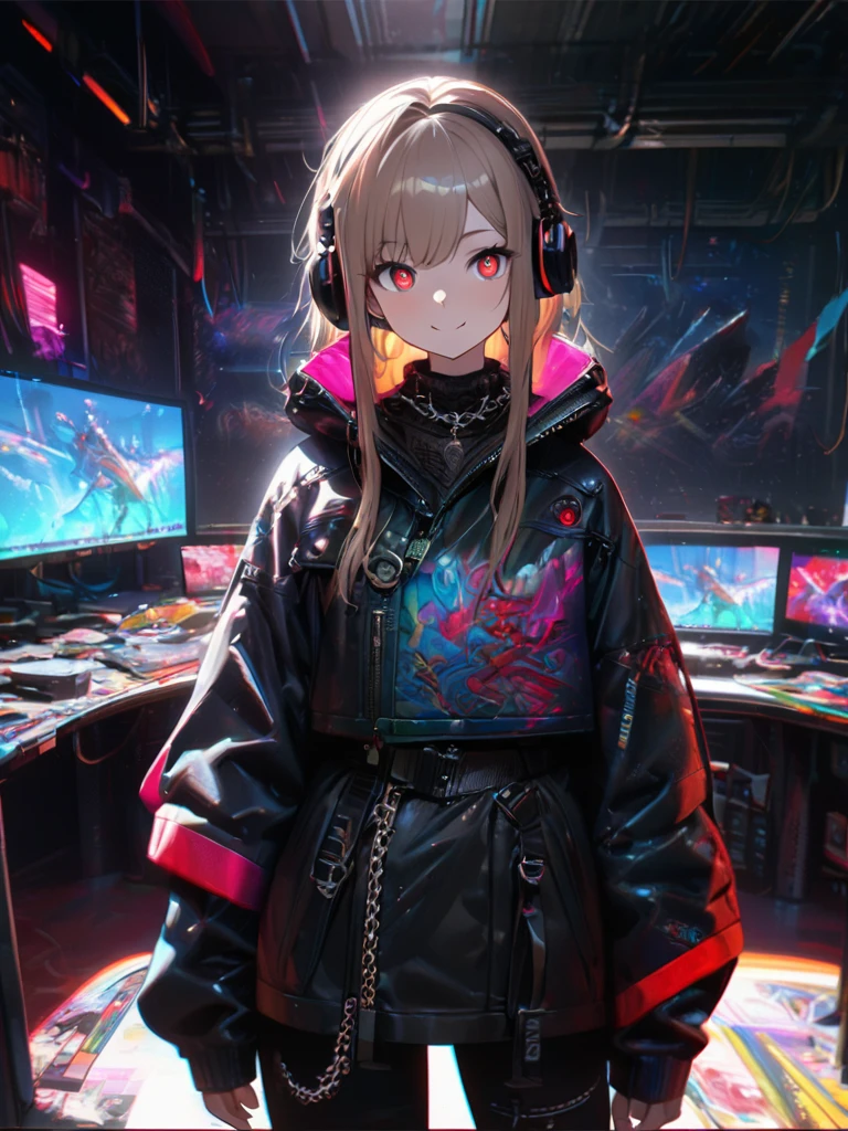 1 girl, chromatic aberration, Written boundary depth, Soft Light, masterpiece, Highest quality, complicated, Tone Mapping, Very detailed, Art Station, Concept Art, Smooth, Clear focus, Dramatic lighting, Very detailed artwork, movie, super practical painting, Art Station's trending, 8k, Incredible Shadows, practical, (Very detailed background:1.0), whole body, View, Viewers, Very detailed portrait of one girl 1, standing on street corner, Heavy rain and lightning、Dark Sky, neon and cyber punk background, she is dressed in punk clothing with silver chains and silver spikes, Her hair was dyed light brown.......，The middle part is black, She is wearing headphones, Detailed red eyes with clear pupils, Ominous aura of light, smile, punk, Cyber Rock, Backlight.Fashionable clothes、No knowledge of horses&#39;tail、Dress code: Denim Outfit,Her hair is tied up cutely.