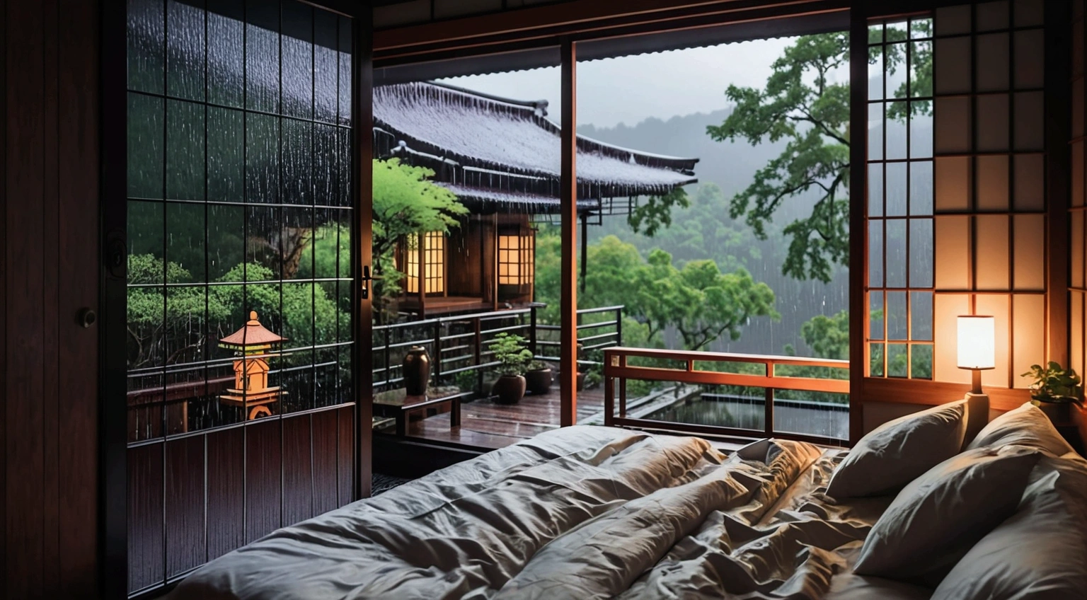 a bed sitting in a bedroom next to a window, a detailed matte painting, unsplash contest winner, ukiyo-e, rainy outside, stream flowing through the house, countryside in japan