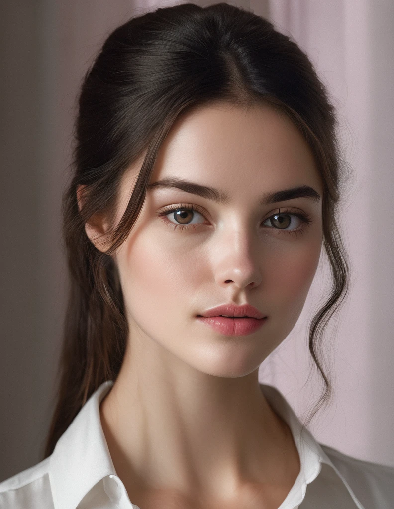 a beautiful young woman with long straight dark brown hair, close up portrait, realistic, pale skin, dark brown eyes, streamlined nose, full pink lips, detailed facial features, intricate hair strands, soft natural lighting, photorealistic, cinematic, dramatic lighting, warm color tones, intimate expression, serene mood, masterpiece, award winning portrait, white collar shirt