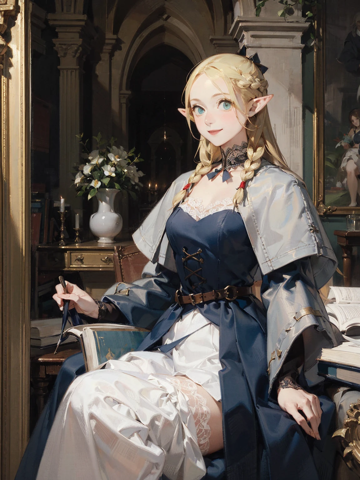 Gothic fashion woman,(masterpiece, Highest quality) detailed,Silver Accessories , blonde ,Pointy Ears ,Lace Underwear,Double Tail,Waist-length hair,smile,White lace socks,Rococo、Gorgeous dress