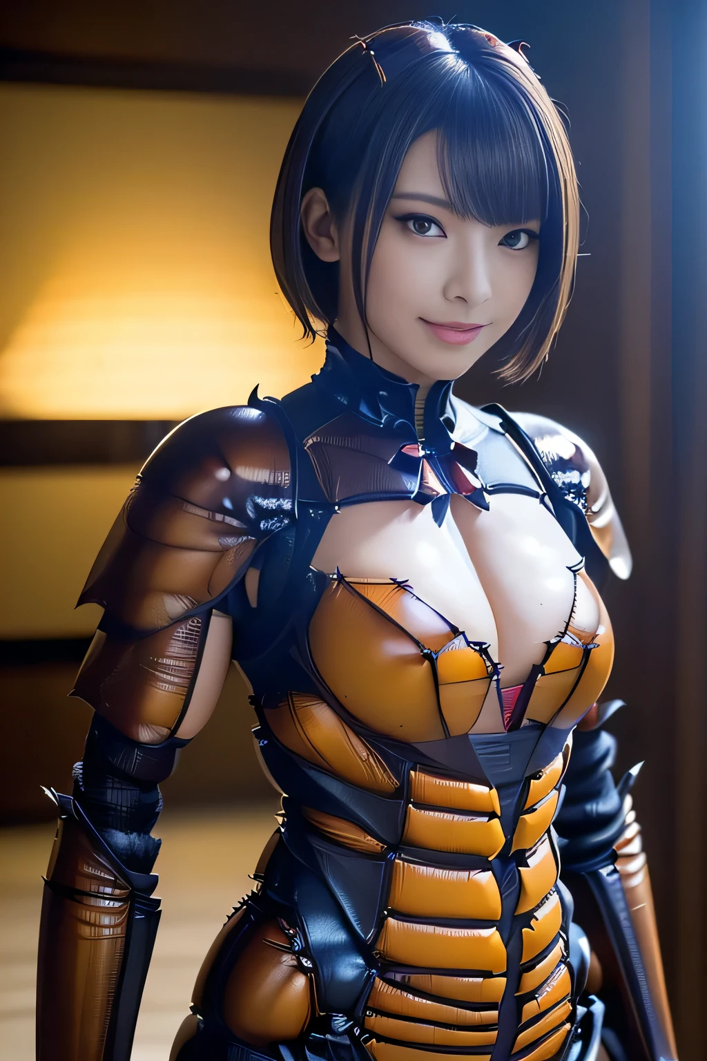 (high resolution,masterpiece,best quality,extremely detailed CG, anime, official art:1.4), realistic, photo, amazing fine details, all intricate, gloss and shiny,awesome many layers, 8k wall paper, 3d, sketch, kawaii, illustration,( solo:1.4), perfect female proportion,villainess, (fusion of dark brown cockroach and lady:1.4), (brown cockroach form lady:1.2), (brown cockroach lady:1.2), (fusion:1.2), (solo:1.4), (evil smile:1.2), muscular, abs, (cockroach brown exoskeleton bio insect suit:1.4), (cockroach brown exoskeleton bio insect armor:1.2), (brown transparency cockroach wing:1.4), (brown cockroach antennae:1.3),