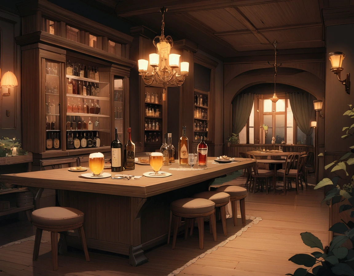 ((((masterpiece, Highest quality, High resolution)))),High detail, manga,anime,Illustration Style,Dark and calm night colors,Ghibli Studio,Luxurious evening atmosphere, Game fantasy world view,Bakery in the RPG world, Extremely detailed 8K, High detail, pub,Table at the liquor store,There are no people around,background,トlampのカードが置かれたテーブル,lamp,Wine and beer,A stylish world,The enchanting world of night,lampは少なく辺りは暗い,In the center of the screen is a large table,A luxurious, high-ceilinged, spacious dining room-like space,A very, very dark room at night,There is only a little light,The room is dark,
