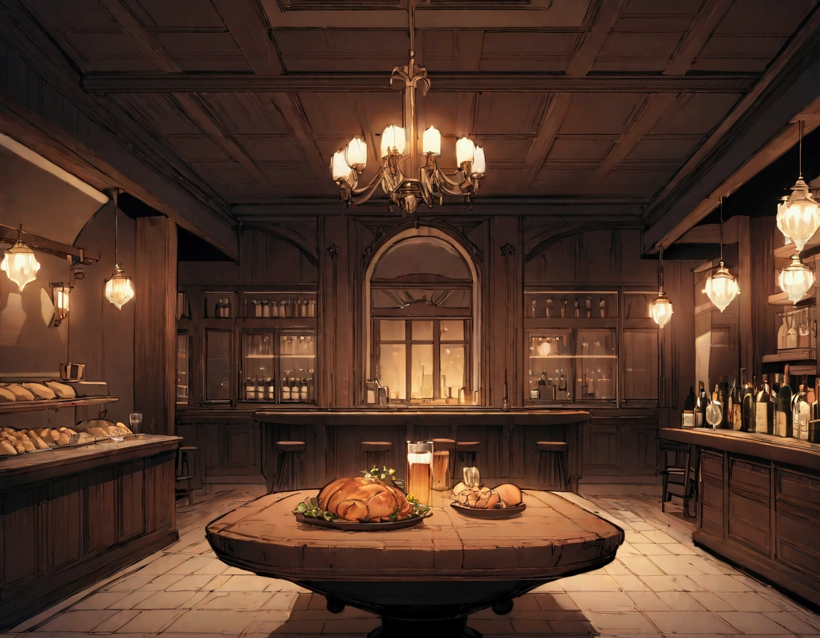 ((((masterpiece, Highest quality, High resolution)))),High detail, manga，anime，Illustration Style，Dark and calm night colors，Ghibli Studio，Luxurious evening atmosphere, Game fantasy world view,Bakery in the RPG world, Extremely detailed 8K, High detail, pub,Table at the liquor store,There are no people around,background,トlampのカードが置かれたテーブル,lamp,Wine and beer,A stylish world,The enchanting world of night,lampは少なく辺りは暗い,In the center of the screen is a large table,A luxurious, high-ceilinged, spacious dining room-like space,A very, very dark room at night,There is only a little light,The room is dark,