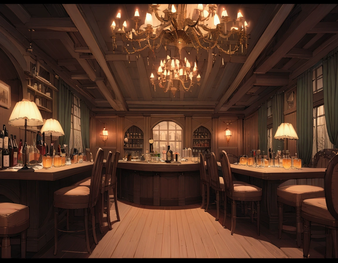 ((((masterpiece, Highest quality, High resolution)))),High detail, manga,anime,Illustration Style,Dark and calm night colors,Ghibli Studio,Luxurious evening atmosphere, Game fantasy world view,Bakery in the RPG world, Extremely detailed 8K, High detail, pub,Table at the liquor store,There are no people around,background,トlampのカードが置かれたテーブル,lamp,Wine and beer,A stylish world,The enchanting world of night,lampは少なく辺りは暗い,In the center of the screen is a large table,A luxurious, high-ceilinged, spacious dining room-like space,A very, very dark room at night,There is only a little light,The room is dark,