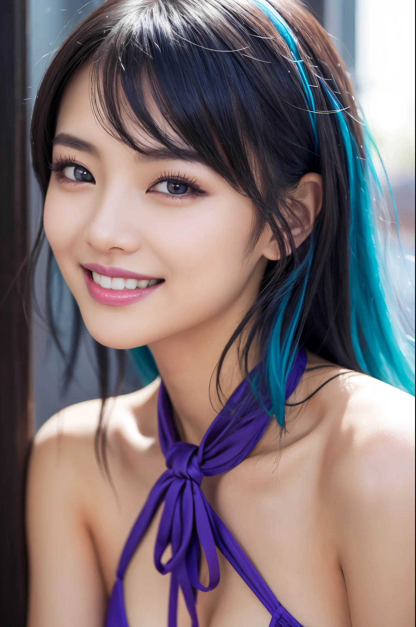 Gravure pose、high quality, real、High resolution, Realistic、8k、masterpiece, detailed.impressive, Cutting-edge female photography portraits, Ultra Small Bikini、smile,enjoy、sexy、Looking at the camera、Facing forward、cyan, and purple, Her vibrant makeup really catches the eye.. Her colorful hair is tied up high,