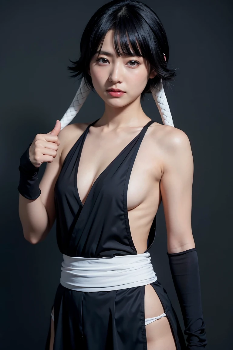 outdoors, 1girl, 独奏, black hair, short hair with long locks, short hair, (detailed face), Very fine and delicate eyes, (small breasts), (brown eyes:1.1),low twin braids,cowboy shot, facing viewer, looking at viewer, smirk,black hakama, grey background,(thumbs up:1.1), Well good, elbow gloves, bare shoulders, collarbone, ultra detailed, Best Quality, Masterpiece, 8k, realistic