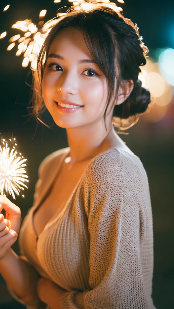 night, RAW Photos, (((Very beautiful portrait))), (Very beautiful portrait))), 1 girl, sexy 25 year old girl, ((Natural brown updo)), [Brown eyes],A gentle smile looking at the camera(Cleavage), ((masterpiece, 最high quality, Super detailed, Cinema Lighting, Intricate details, High resolution, 8k, Very detailed)), Detailed Background, 8k UHD, Digital SLR, Soft lighting, high quality, Film Grain, Fujifilm XT3, Shallow depth of field, Natural light, Perfect Face、firework、yukata