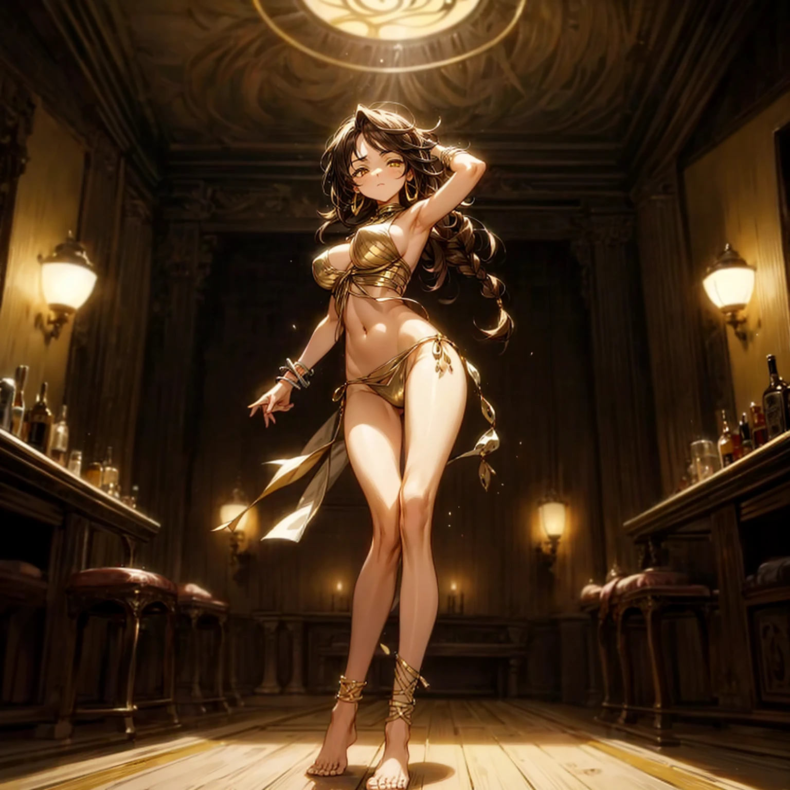 Solo character, full body version, girl, brown hair, long Curly haircut, yellow eyes, hoop earrings, gold bracelets, Belly dance clothing, no shoes, no shock, indoor room bar, people, silhouettes, (Hunter x Hunter style art), standing gesture, Big breasts, close eyes 