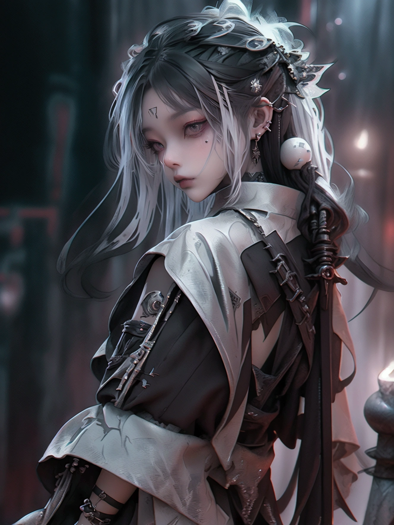 ((Image color: Silver and black,)) (tearful),rooftop,Are standing,The inner color is silver,whole body,Gothic Punk,Black Dress,mini skirt,boots,Black-haired人物,Black-haired deity, Black long hair, 長いBlack-haired, artwork in the style of Gwaiz, Black-haired, Gwaiz, Beautiful character drawings, Jean J., Silver-haired, Gwaiz on pixiv artstation, lighting from behind,