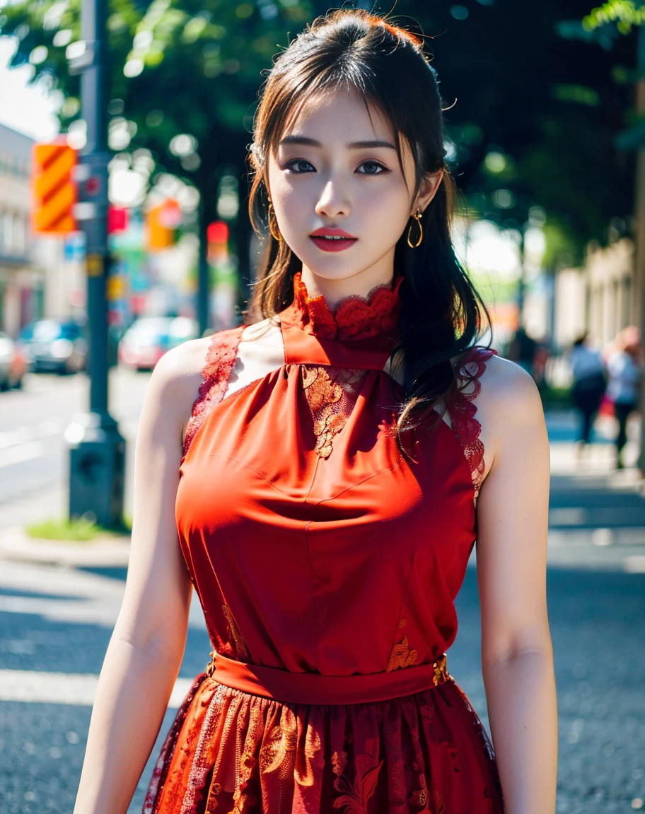 a woman posing on the Street Style corner with light Orange Dress on, Highest quality, High resolution, 8k, 女の子1people, (Huge breasts), Day, bright, Outdoor, (Street Style:0.8), (people々々, people々Crowded:1), (lace trimmed dress:1.5, brightオレンジ色の服:1.5, orange high neck dress:1.5, Sleeveless dress, Orange Dress: 1.5), Nice, (Medium Hair), Beautifully detailed skies, Beautiful earrings, (Dynamic pose:0.8), (Upper body:1.2), Soft lighting, Wind, Glowing Skin, Looking at the audience,