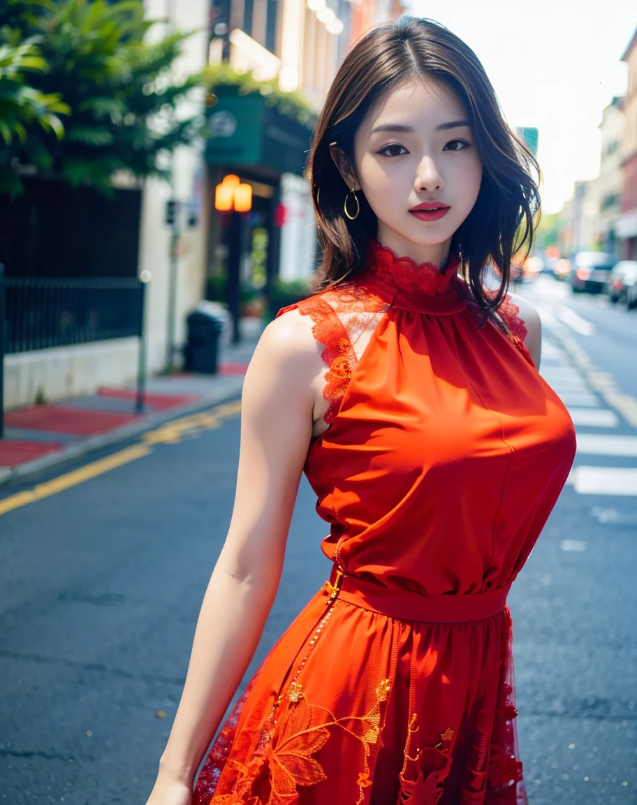 a woman posing on the Street Style corner with light Orange Dress on, Highest quality, High resolution, 8k, 女の子1people, (Huge breasts), Day, bright, Outdoor, (Street Style:0.8), (people々々, people々Crowded:1), (lace trimmed dress:1.5, brightオレンジ色の服:1.5, orange high neck dress:1.5, Sleeveless dress, Orange Dress: 1.5), Nice, (Medium Hair), Beautifully detailed skies, Beautiful earrings, (Dynamic pose:0.8), (Upper body:1.2), Soft lighting, Wind, Glowing Skin, Looking at the audience,