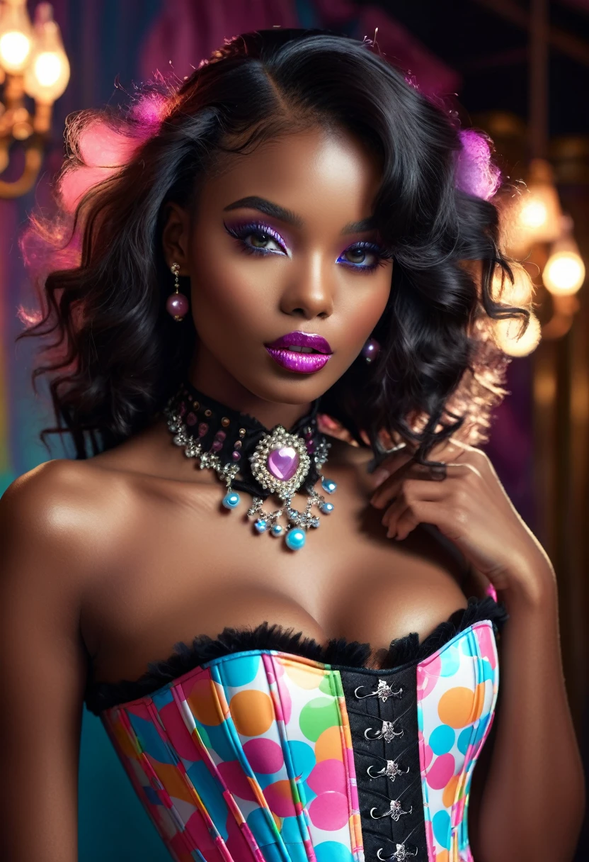 a beautiful black model wearing a corset, candy themed, sweets, dynamic pose, hyper-realistic, intricately detailed, raw photography, high quality, 8k, detailed facial features, beautiful eyes, beautiful lips, long eyelashes, flawless skin, studio lighting, vivid colors, cinematic lighting, dramatic shadows, glossy, shiny, metallic, glossy, jewelry, hair flowing, elegant, sensual, feminine, fashionable, editorial, dramatic
