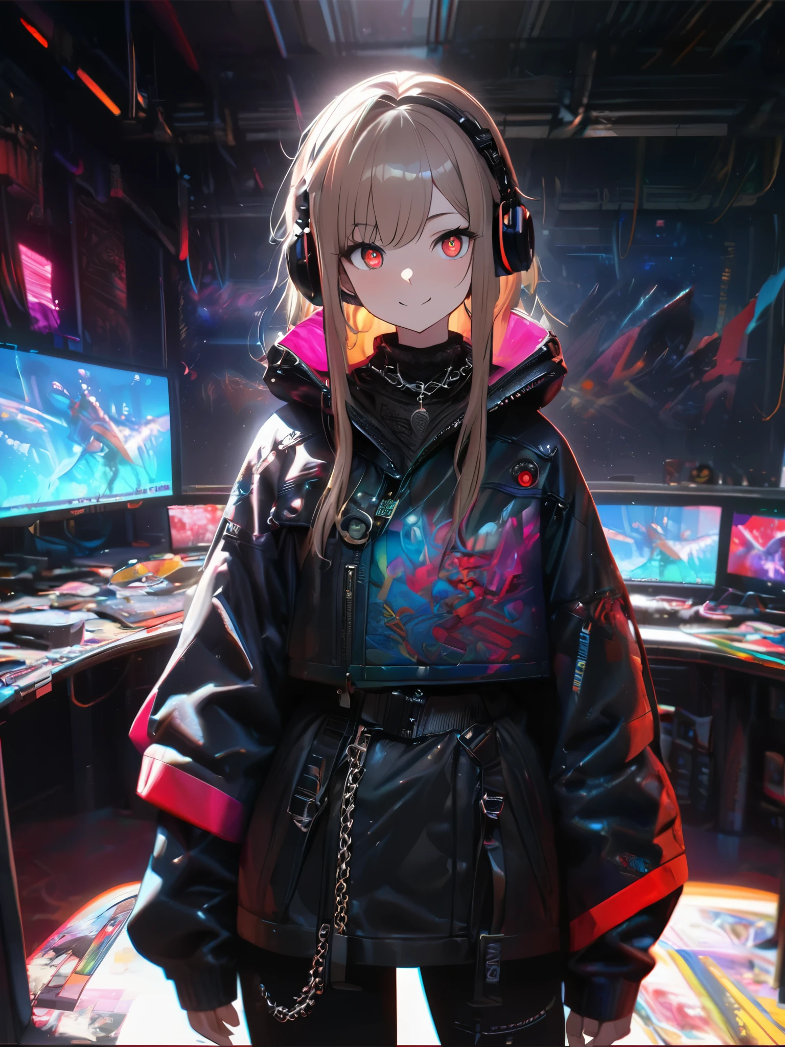 1 girl, chromatic aberration, Written boundary depth, Soft Light, masterpiece, Highest quality, complicated, Tone Mapping, Very detailed, Art Station, Concept Art, Smooth, Clear focus, Dramatic lighting, Very detailed artwork, movie, super practical painting, Art Station's trending, 8k, Incredible Shadows, practical, (Very detailed background:1.0), whole body, View, Viewers, Very detailed portrait of one girl 1, standing on street corner, Heavy rain and lightning、Dark Sky, neon and cyber punk background, she is dressed in punk clothing with silver chains and silver spikes, Her hair was dyed light brown.......,The middle part is black, She is wearing headphones, Detailed red eyes with clear pupils, Ominous aura of light, smile, punk, Cyber Rock, Backlight.Fashionable clothes、No knowledge of horses'tail、Dress code: Denim Outfit,Her hair is tied up cutely.