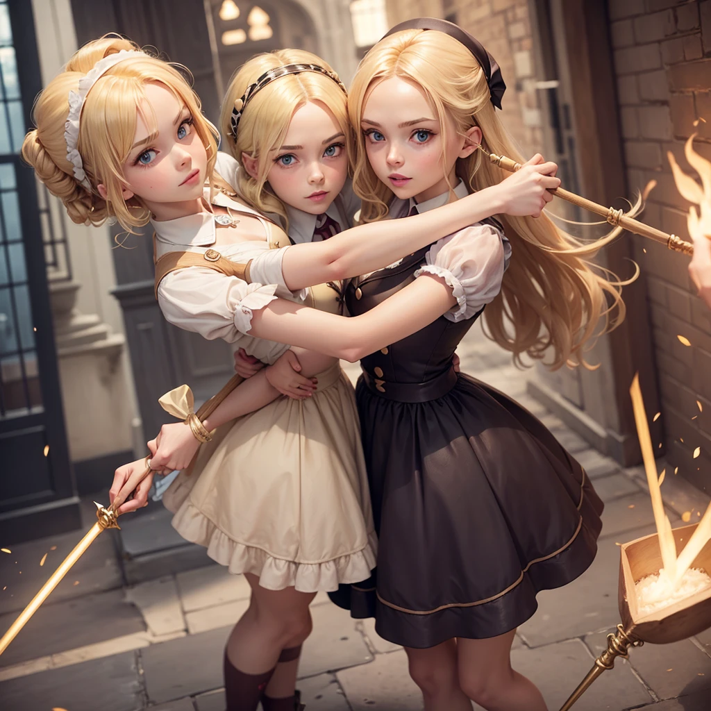 create 2 blonde bakers holding wands up crossing each other in 2d