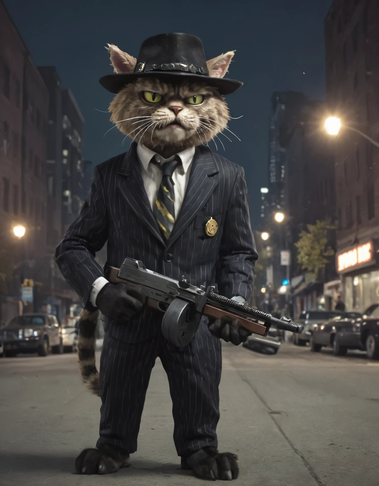 Plants vs. Zombies style, anthropomorphic furry cat in a mobster suit carrying a tmmygn submachine gun in a nighttime Chicago street. Cowboy shot.