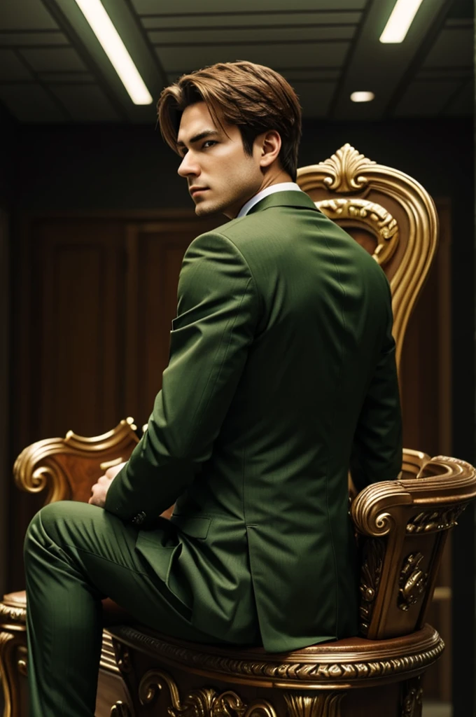 A man in a green suit with black eyes and light brown hair stands with his back looking cool as an anime character sitting on a cool throne.