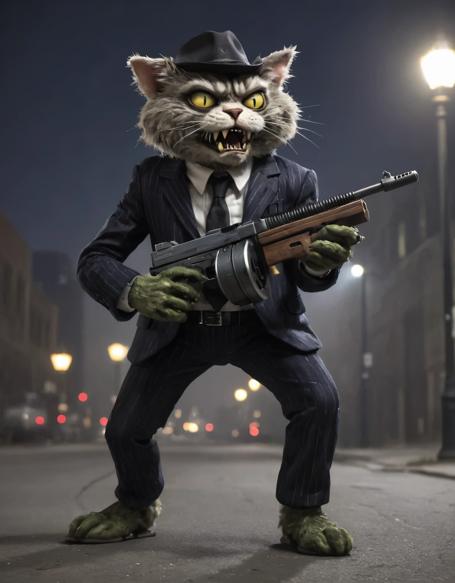 Plants vs. Zombies style, anthropomorphic furry cat in a mobster suit carrying a tmmygn submachine gun in a nighttime Chicago street. Cowboy shot.