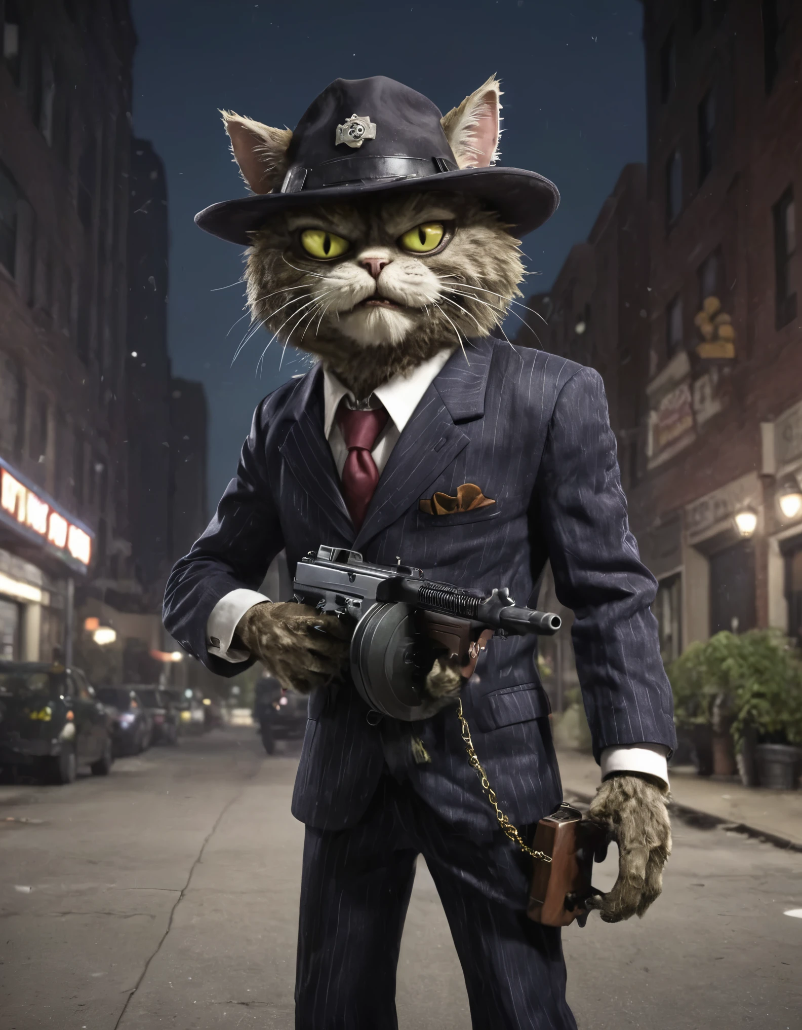 Plants vs. Zombies style, anthropomorphic furry cat in a mobster suit carrying a tmmygn submachine gun in a nighttime Chicago street. Cowboy shot.