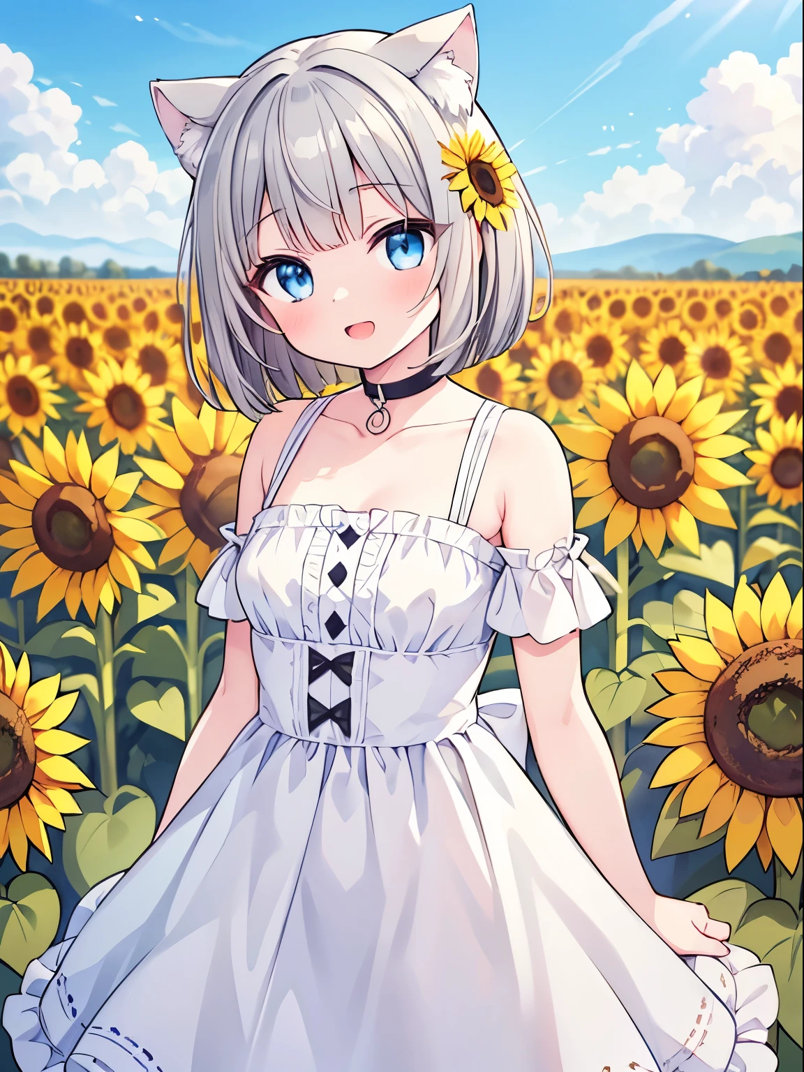 (Sunflower field), (One girl), cute, White Summer Dress, (happiness:1.3), Open your mouth, (Cat ear), (choker), ((Gray Hair)), Bobcut, (Arms at your sides), Blue Eyes, summer, sun, noon, Outdoor, (Cowboy Shot), ((Highest quality)), ((masterpiece)), (detailed), Perfect Face, Perfect Arms, Perfect hands, Perfect Fingers, anime, Ultra-fine illustration,