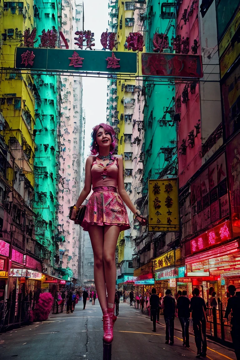 hong kong, day, ( low angle , view from below,) (Awkward,blush :1.3), Alafi girls take photos in colorful clothes, y 2 k cutecore crowncore, Lovely Decora Rainbow Core, Lovely high quality rendering, Candy Girl, Deco, Unreal Engine : : Carnival Makeup, Working Girl, raver girl, Carnival Costumes, Glitch Punk Girl, soda themed girl, Lively and cheerful, 80s pin-up style, 