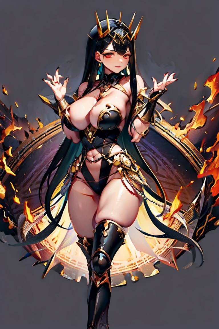 black hair, bare shoulder, red eyes, very long hair, cleavage, large breasts, dress, showgirl skirt, high-leg, cleavage cutout, tiara, bare thighs, gauntlets, bare shoulder, (((perfect hands, perfect fingers, accurate hands and fingers, 5 fingers))), adult face, fearless face,