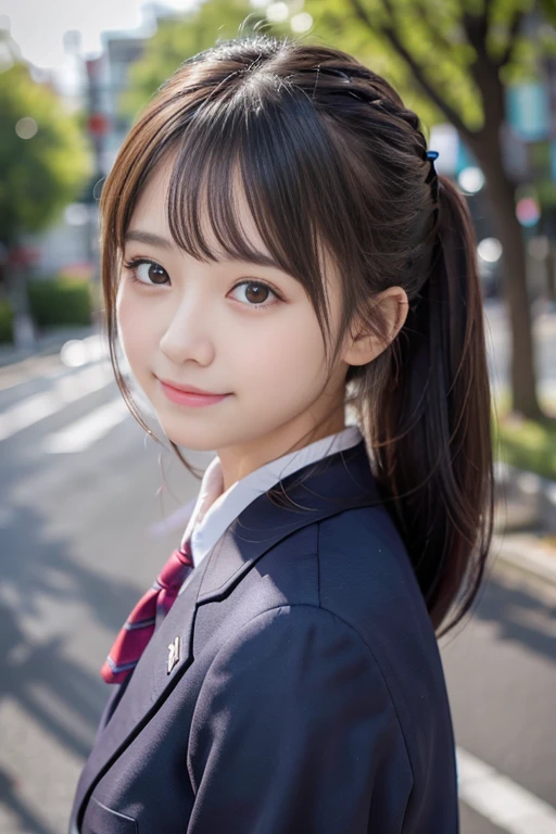 (Cute 15 year old Japanese))、on the road、Highly detailed face、Pay attention to the details、double eyelid、Beautiful thin nose、Sharp focus:1.2、Beautiful woman:1.4、Cute Hairstyles、Pure white skin、Highest quality、masterpiece、Ultra-high resolution、(Realistic:1.4)、Highly detailed and professional lighting、nice smile、Japanese school girl uniform