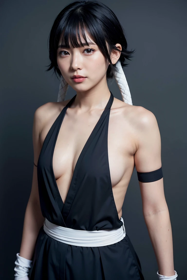 outdoors, 1girl, 独奏, black hair, short hair with long locks, short hair, (detailed face), Very fine and delicate eyes, (small breasts), (brown eyes:1.1),low twin braids,cowboy shot, facing viewer, looking at viewer, smirk,black hakama, grey background,(thumbs up:1.1), Well good, elbow gloves, bare shoulders, collarbone, ultra detailed, Best Quality, Masterpiece, 8k, realistic