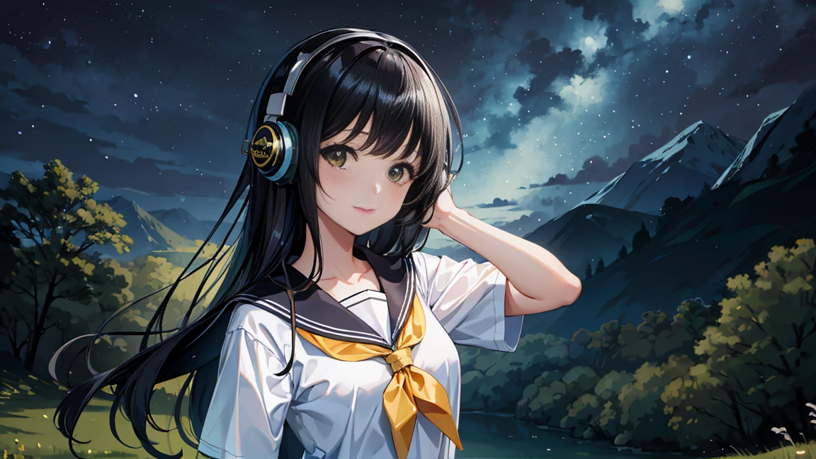 Highest quality、8K masterpiece、Draw a detailed face、One girl in her late teens、Sailor suit、、Cute pose、Professional Lighting、Happy expression、((Black Hair、Shiny hair、Shortcuts))Perfect Anatomy、In green meadows,Headphones