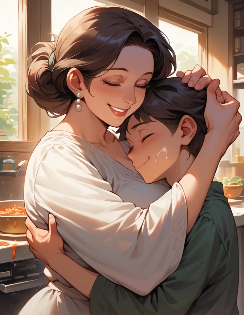 score_9, score_8_superior, score_7_superior, sauce_anime, One boy, One girl, Mature woman 45 years old, Mother and son, hug, smile, Expectant mom, Put your hands on your head, Kneel,juvenile