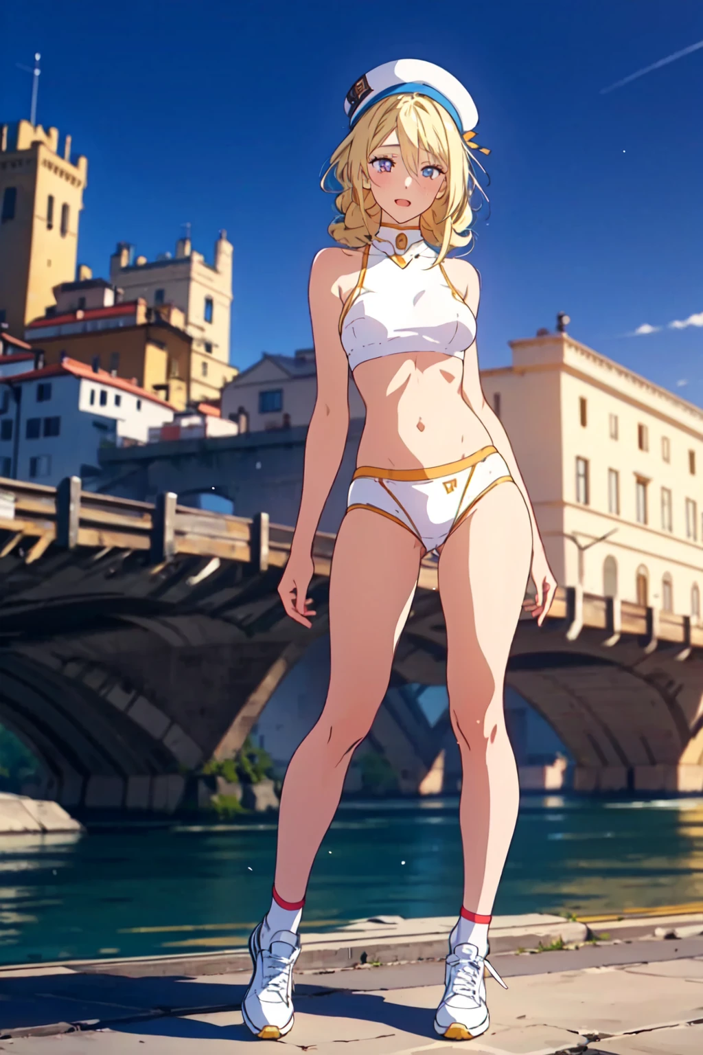 8k,masterpiece, best quality, highres,20-year-old,Sexy pose,ultra high res, best quality, dramatic, atmospheric,1girl, a very beautiful girl, glamour shot of girl, textured skin, florence_alicia,White_beret_aria_company_uniform,white_tankini_bikini, full body, nice hands, perfect hands, outdoors, ahegao,netorare,Pervert,Obscene,