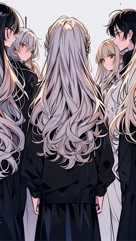 (Mastepiece), (Best Quality), Very detailed, (( 7 Friends:1.5)), Perfect Face, Beautiful Face, Very detailedな顔, (Black-haired man), (Silver-haired man), (Blonde-haired man), (Dark-curly haired man), (Golden-haired man), (Brown-haired man), (White-haired man)、shirt、standing at a distance, facing away from the camera