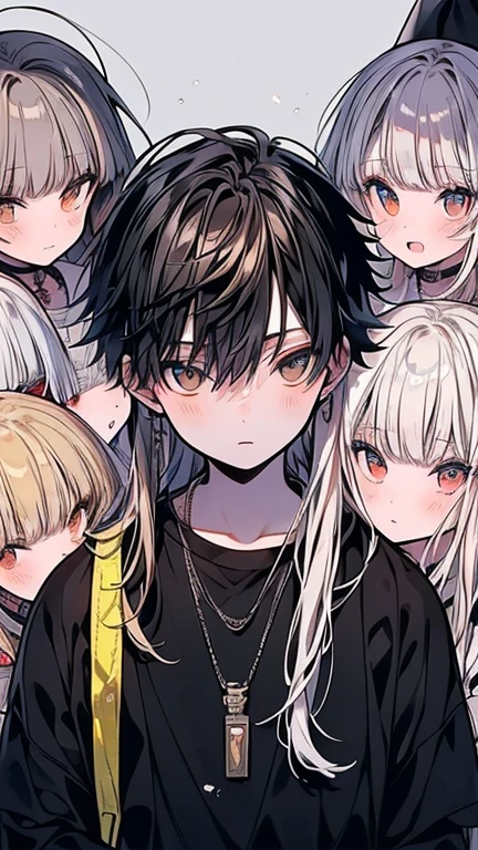 (Mastepiece), (Best Quality), Very detailed, (( 7 Friends:1.5)), Perfect Face, Beautiful Face, Very detailedな顔, (Black-haired man), (Silver-haired man), (Blonde-haired man), (Dark-curly haired man), (Golden-haired man), (Brown-haired man), (White-haired man)、shirt、standing at a distance, facing away from the camera