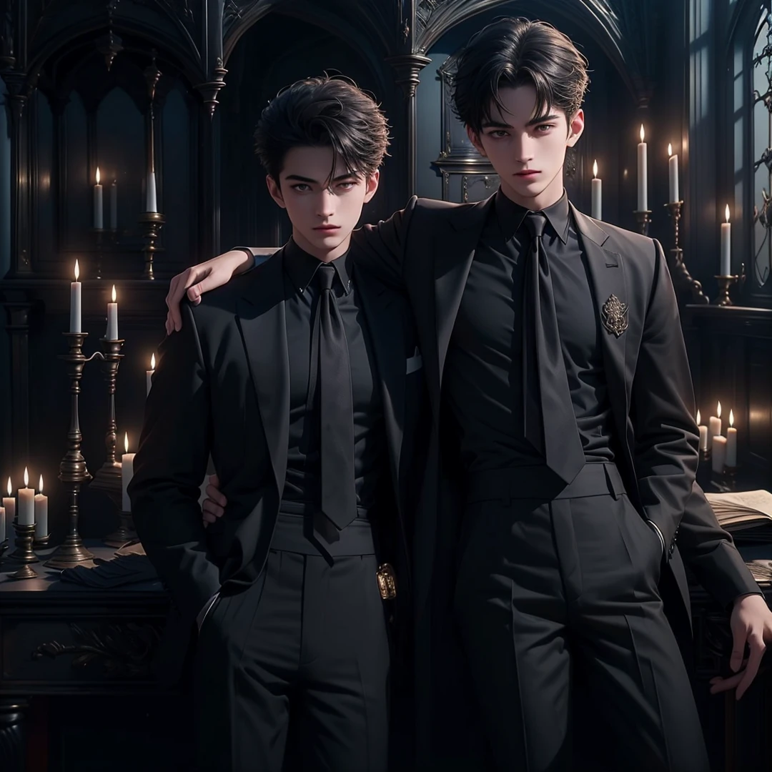 ((Best quality)), ((masterpiece)), (detailed), ((perfect face)), ((halfbody)) perfect proportions ,He is a handsome student, 18 years old, short hair, topless in uniform, there is a background of a school gothic room with lit candles, gnostic vibe ((perfect face))