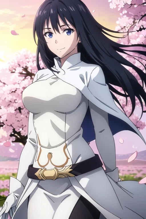 photorealistic, (4k), depth of field, (masterpiece), (realistic skin texture), extremely detailed, Intricate, hyper detailed, Professional photography, bokeh, High resolution, sharp detail, Best Quality, Girl, White shirt, White coat, Black pants, by the width, black fur, dark blue eyes, white gloves, purple belt, lying, light smile, (field of flowers:1.3) Windy, Sunset, (petals),