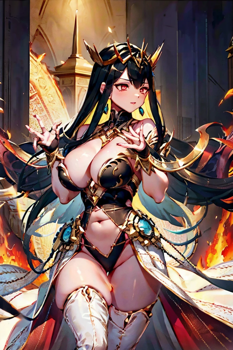 black hair, bare shoulder, red eyes, very long hair, cleavage, large breasts, dress, showgirl skirt, high-leg, cleavage cutout, tiara, bare thighs, gauntlets, bare shoulder, (((perfect hands, perfect fingers, accurate hands and fingers, 5 fingers))), adult face, fearless face,