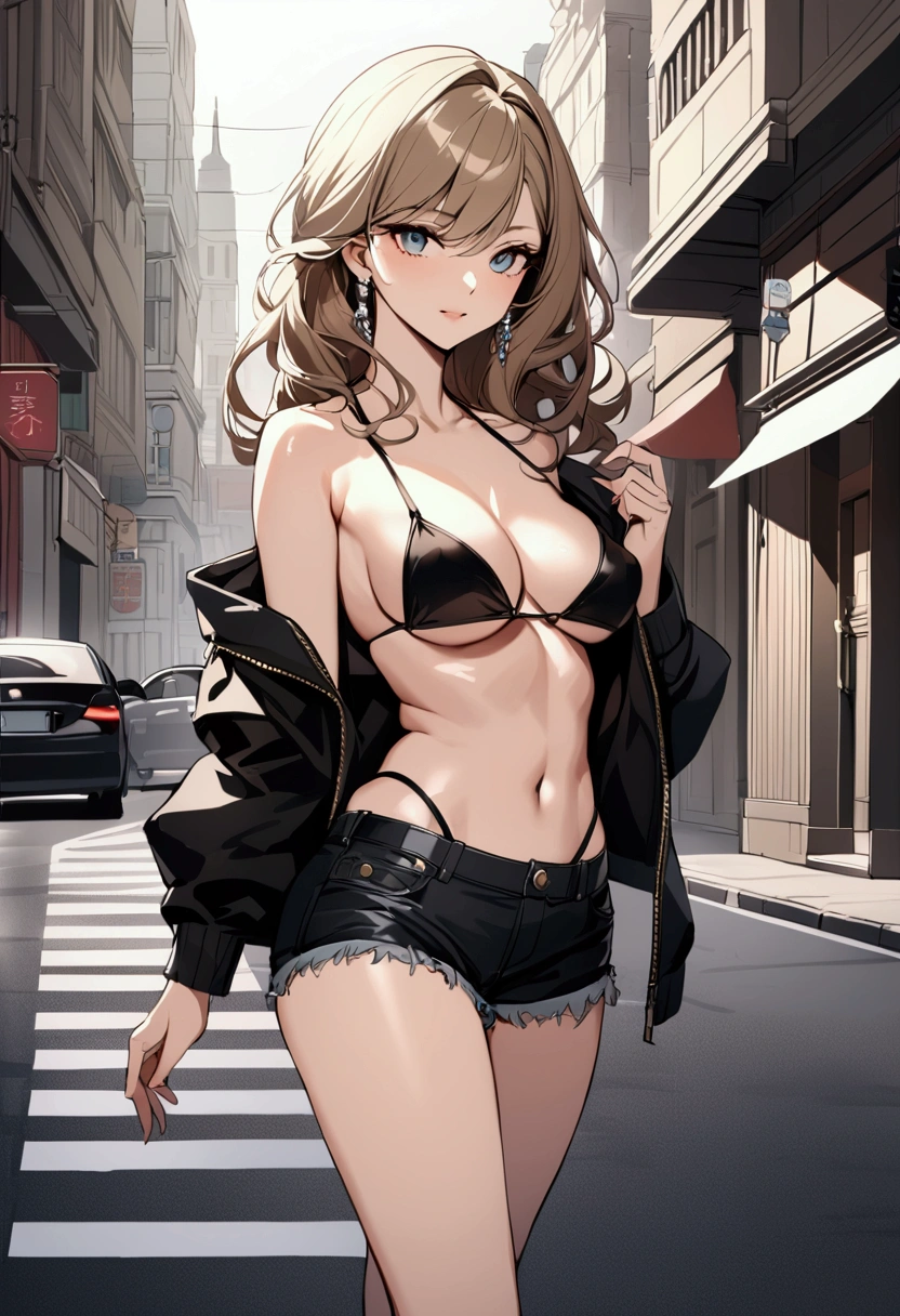 SEXY GIRL  bikini posing in the middle of the street., sexy girl with shorts, , Glamorous , pretty face