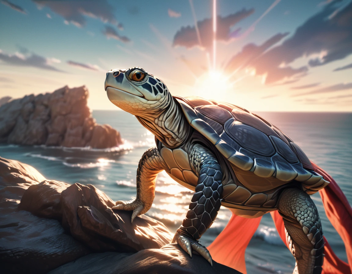 a small turtle with bright red scarf around neck,standing on rock,looking out at ocean,detailed reptilian scales,intricate texture,warm lighting,beautiful ocean landscape,photorealistic,8k,highres,masterpiece,vibrant colors,cinematic lighting,dramatic shadows