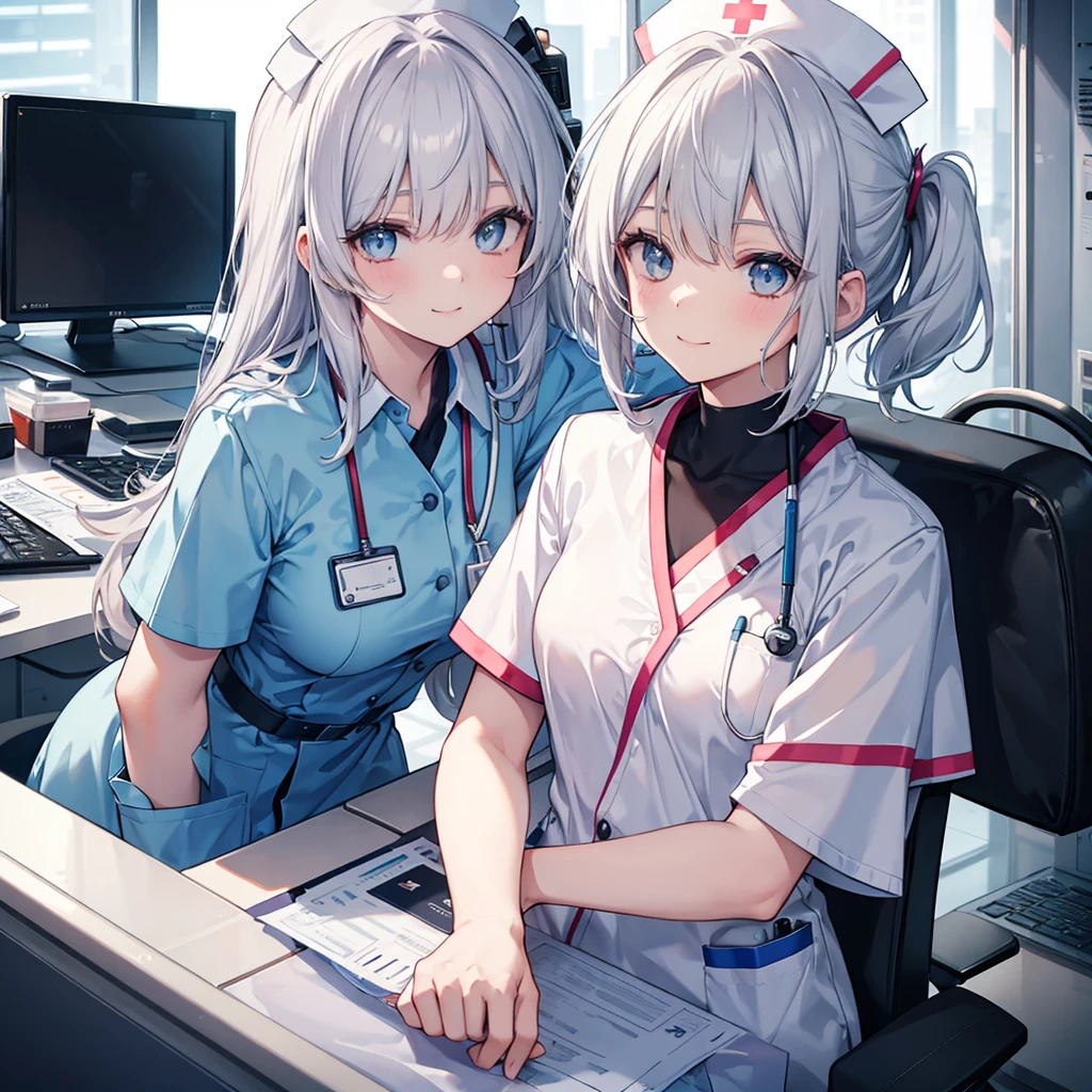 A nurse aide without a nurse cap, nothing on her head , 1girl, solo,blue or white scrubs,Facing forward,silver hair ,smiling, and attending to a patient.