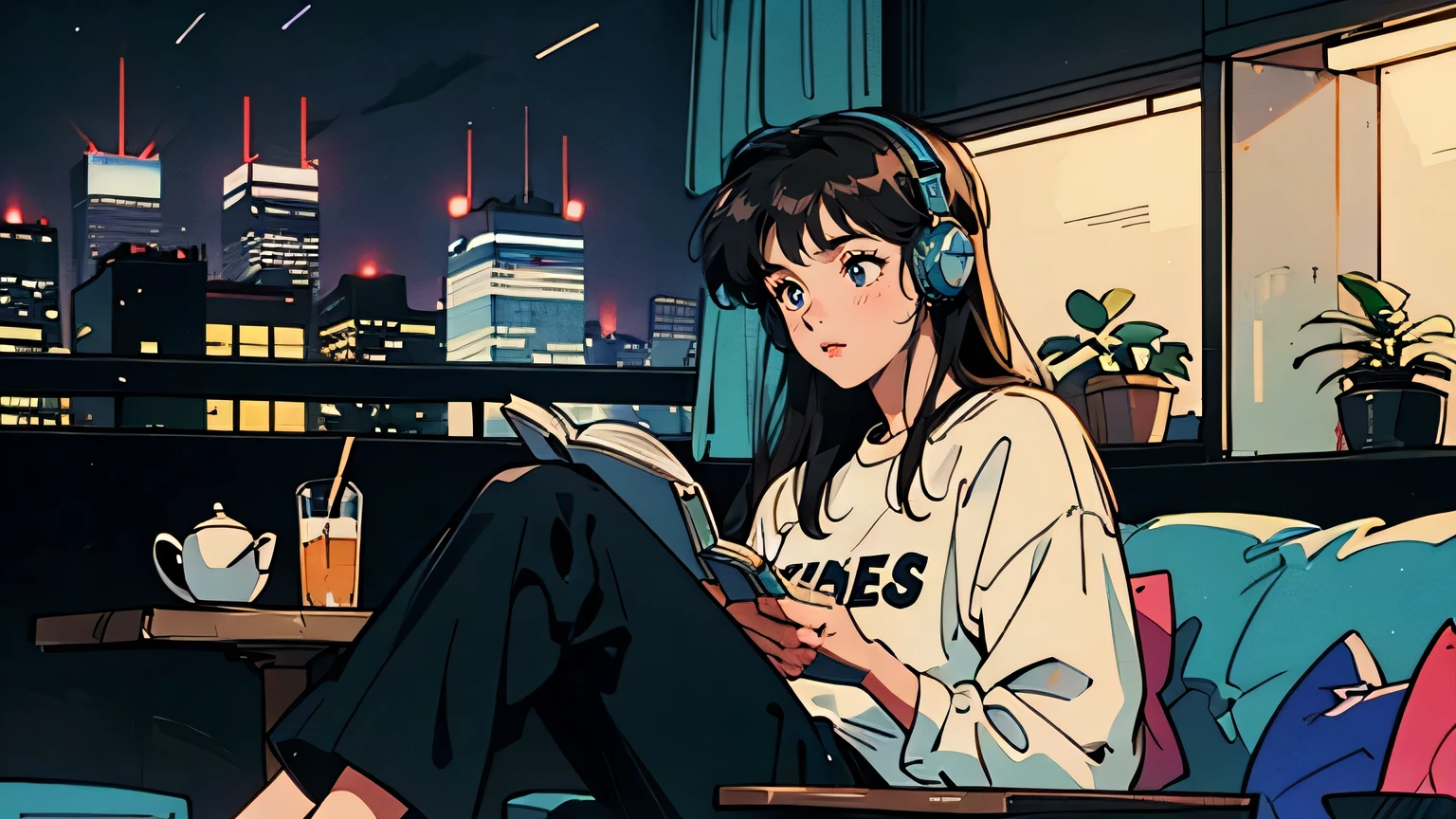 best qualityer, 8k, 1990s style,2010s hairstyles,  21 years old, Bblack hair, long hair, lightbrown eyes, city pop, pants ,night vision, Wearing Headphones,reading a book, all-body,  Relax Cafe,tabletop,CONFECTION,Staring at me, cat black
