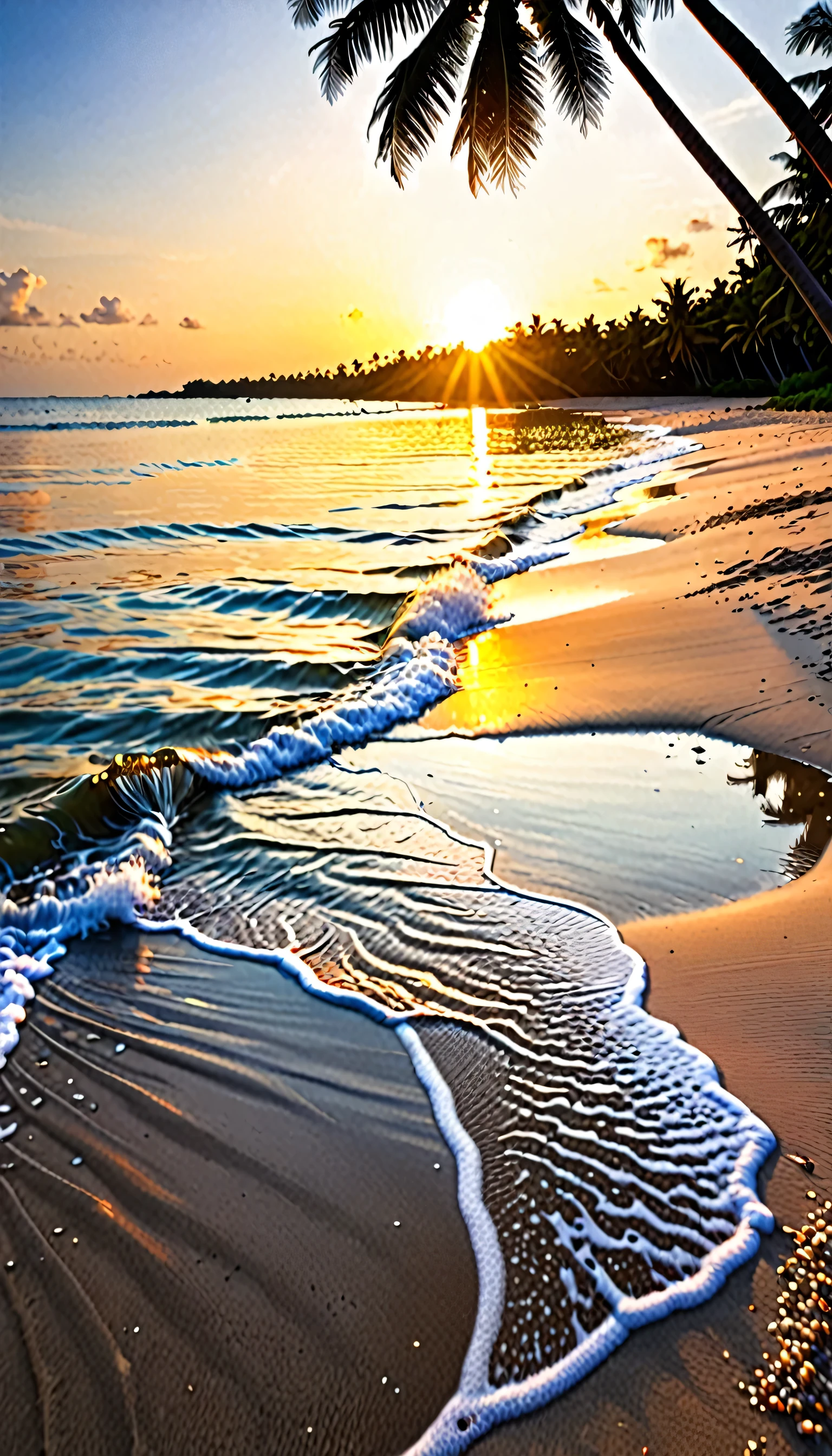 Beach, At sunset, Sun reflecting on water, Coconut tree in the sand、There is no one