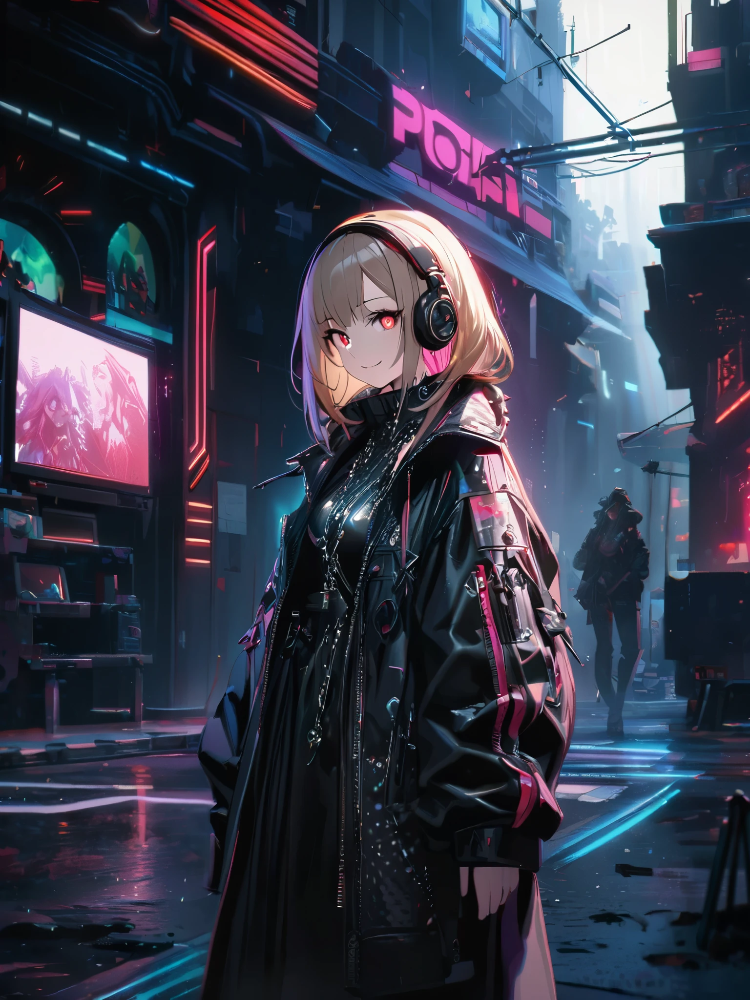 1 girl, chromatic aberration, Written boundary depth, Soft Light, masterpiece, Highest quality, complicated, Tone Mapping, Very detailed, Art Station, Concept Art, Smooth, Clear focus, Dramatic lighting, Very detailed artwork, movie, super practical painting, Art Station's trending, 8k, Incredible Shadows, practical, (Very detailed background:1.0), whole body, View, Viewers, Very detailed portrait of one girl 1, standing on street corner, Heavy rain and lightning、Dark Sky, neon and cyber punk background, she is dressed in punk clothing with silver chains and silver spikes, Her hair was dyed light brown.......,The middle part is black, She is wearing headphones, Detailed red eyes with clear pupils, Ominous aura of light, smile, punk, Cyber Rock, Backlight.Fashionable clothes、No knowledge of horses'tail、Dress code: Denim Outfit,Her hair is tied up cutely.
