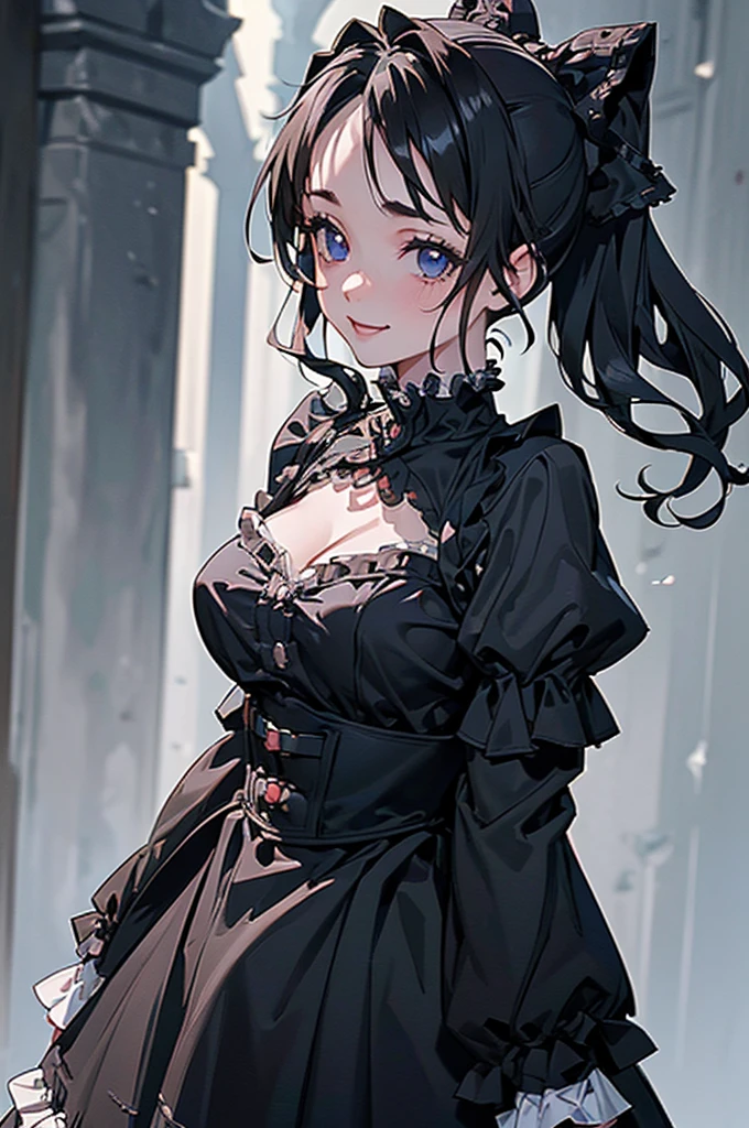 (((beautiful))), (((Gothic costume, Gothic and ta, frilled))), ((Black Hair, ponytail)), One Woman, Large Breasts,, Cleavage, Sweat, Glowing Skin, (((Intricate details))), High resolution, ((Intricate details, Ultra-detailed)), whole body, Are standing, (looking at viewer, look at viewer), Red cheeks, smile, Walking the Streets